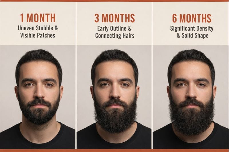 Beard growth timeline showing beard development at one, three, and six months