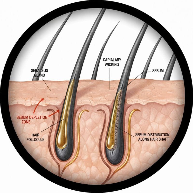 Diagram showing capillary wicking drawing sebum away from the skin under beard hair