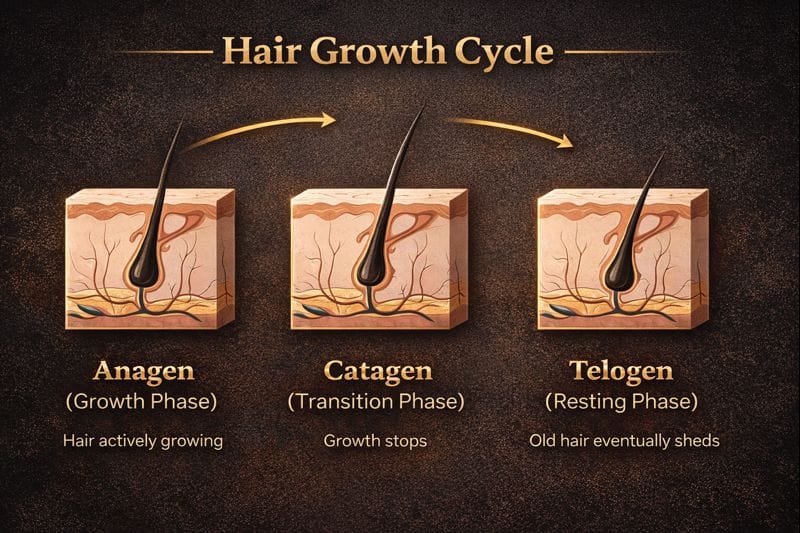 Diagram showing the hair growth cycle with anagen, catagen, and telogen phases illustrated in skin cross sections.