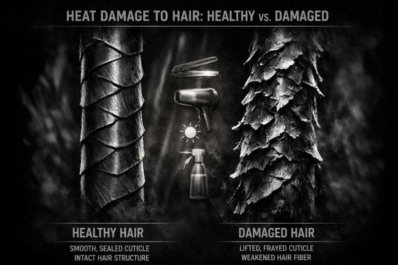 Comparison of healthy hair with a smooth cuticle versus heat-damaged hair with lifted, frayed cuticles