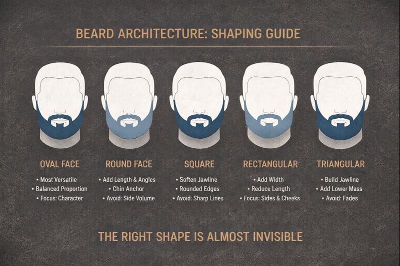Illustrated beard styles for oval, round, square, rectangular, and triangular face shapes shown side by side.