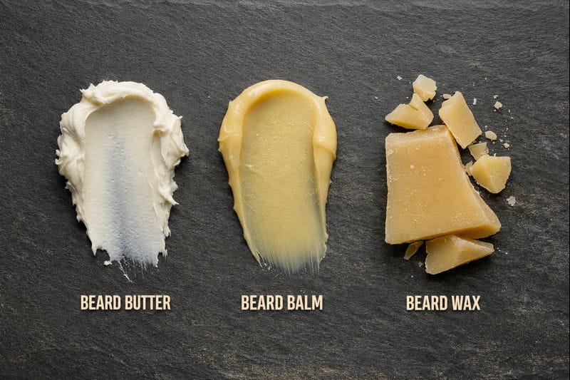 Beard butter, beard balm, and beard wax textures displayed side by side on a dark slate background.
