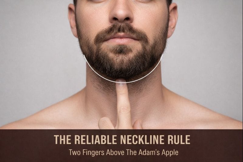 Man demonstrating beard neckline placement two fingers above the Adam’s apple with a curved guideline