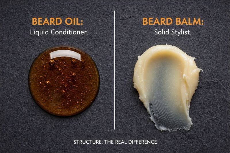 Side-by-side comparison of beard oil and beard balm textures on a dark slate background