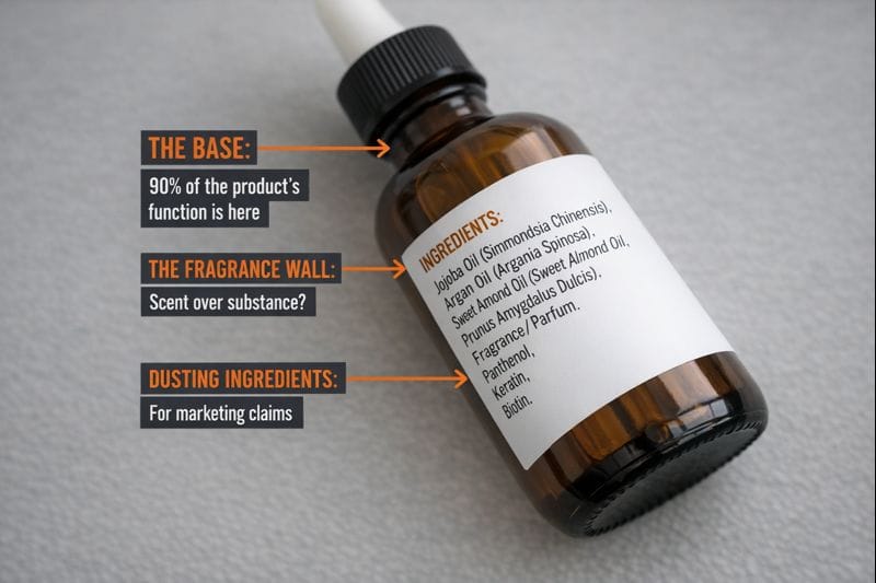 Annotated beard oil bottle highlighting base ingredients, fragrance placement, and dusting ingredients