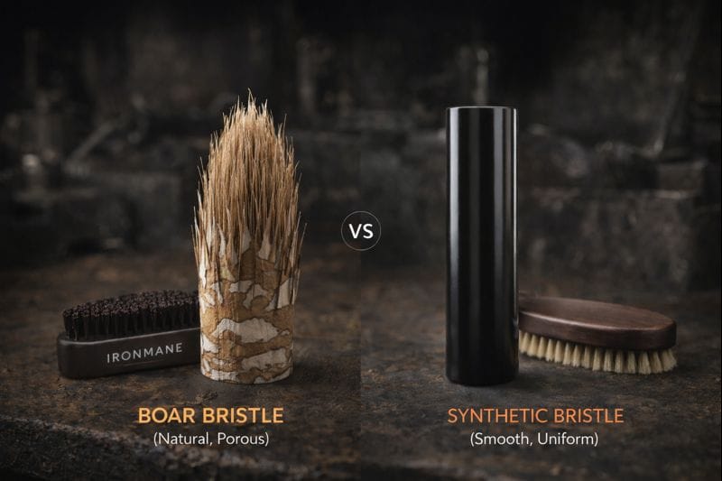Side-by-side comparison of boar bristle and synthetic bristle beard brushes showing natural uneven fibres versus smooth uniform fibres
