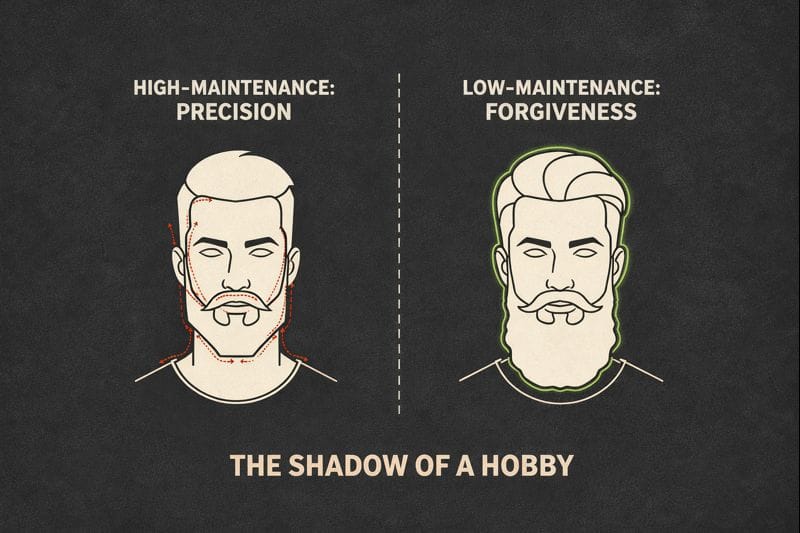 Comparison of a high-maintenance precision beard and a low-maintenance forgiving beard style illustrated side by side.