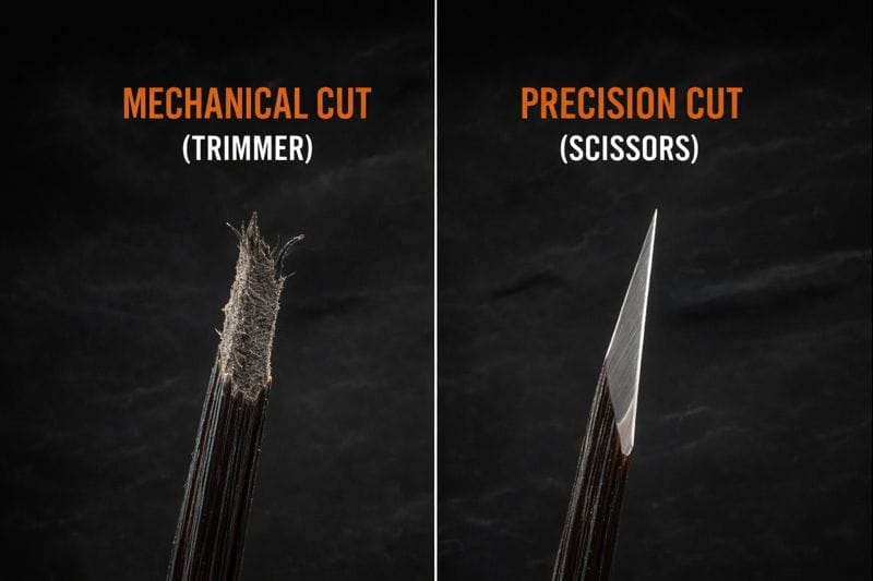Comparison of a mechanically cut beard hair and a precision scissor cut beard hair